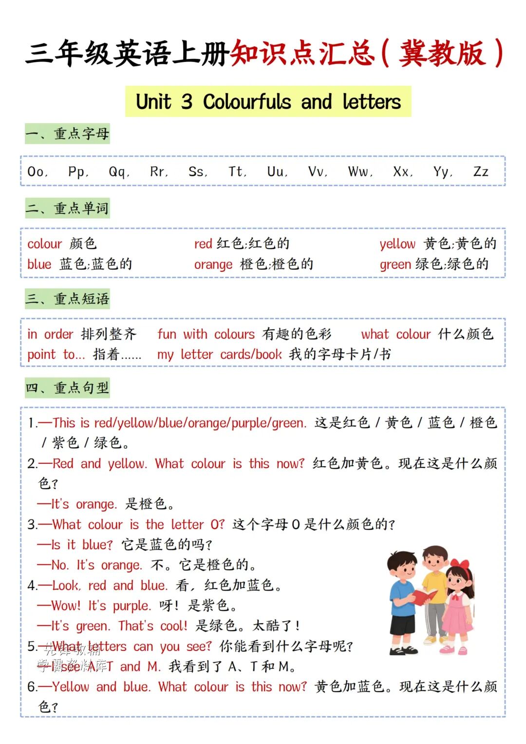 2025年三年级上册冀教版英语《知识点汇总》，电子版可下载打印