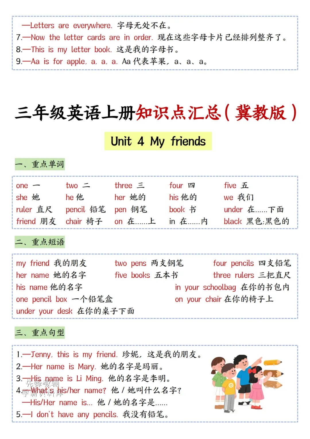 2025年三年级上册冀教版英语《知识点汇总》，电子版可下载打印