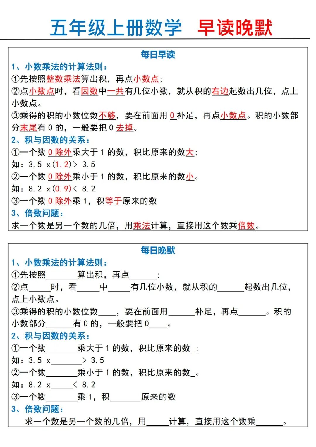 2025年五年级上册数学暑假预习《早读晚默小纸条》（共15页），电子版可下载打印