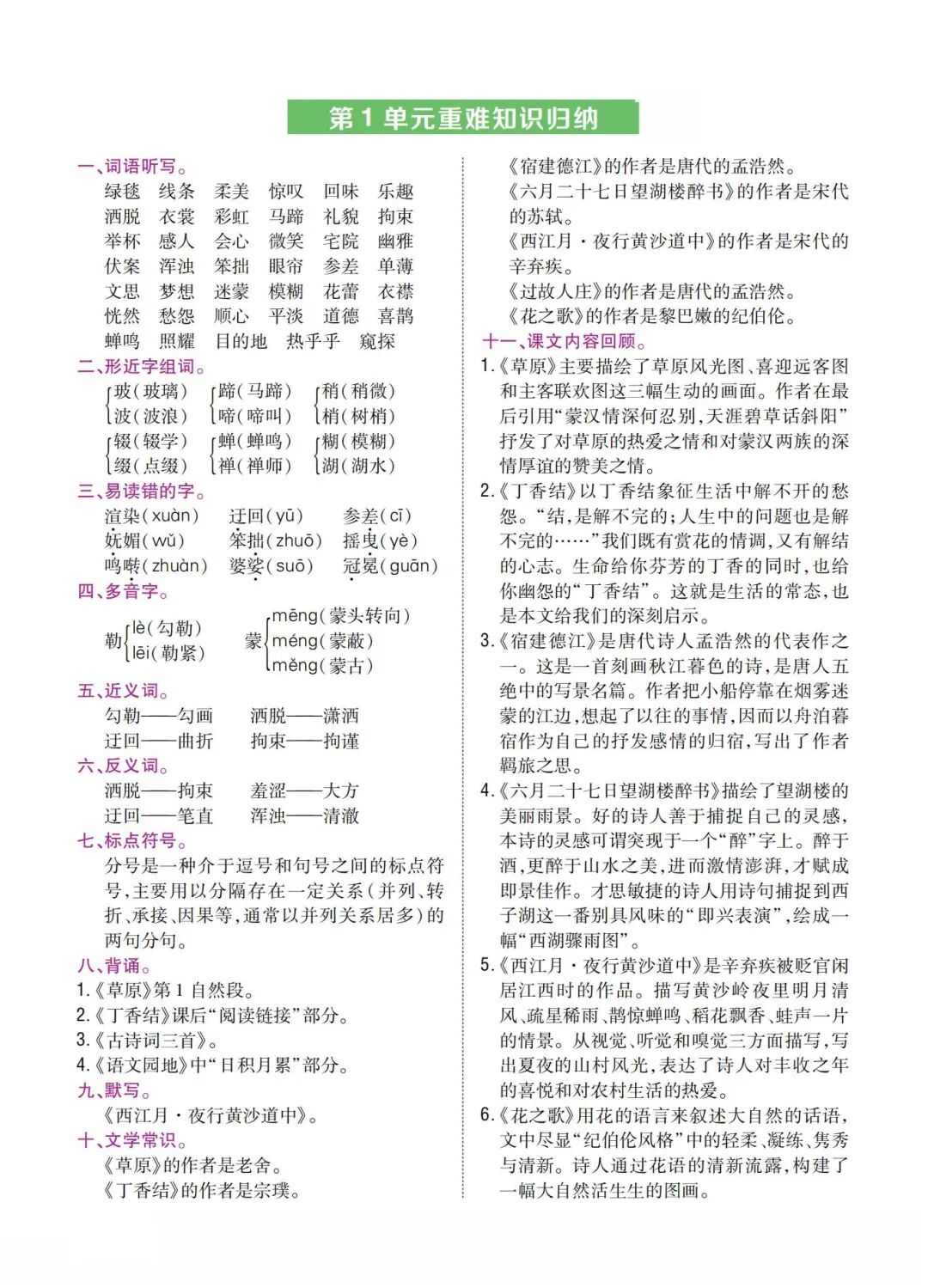 2025年六年级上册语文《单元重难知识归纳》（共8页），电子版可下载打印