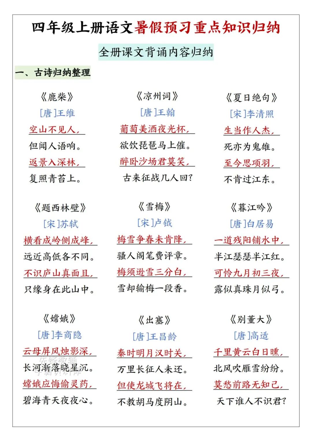 2025年四年级上册语文《暑假预习知识点归纳》（共7页），电子版可下载打印