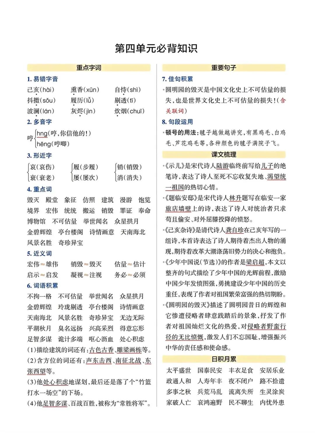 2025年五年级上册语文《单元必背知识总结》（共8页），电子版可下载打印