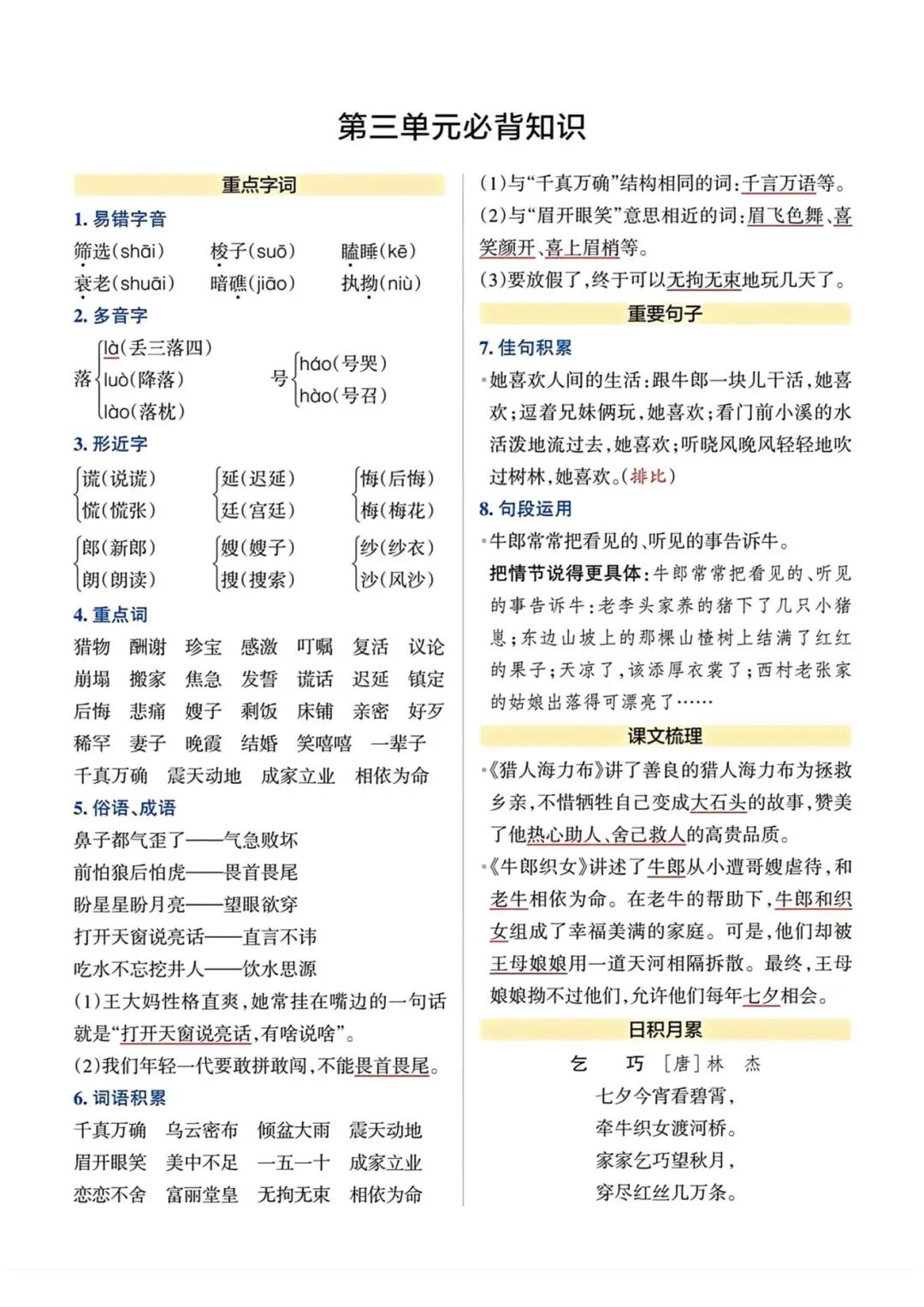 2025年五年级上册语文《单元必背知识总结》（共8页），电子版可下载打印