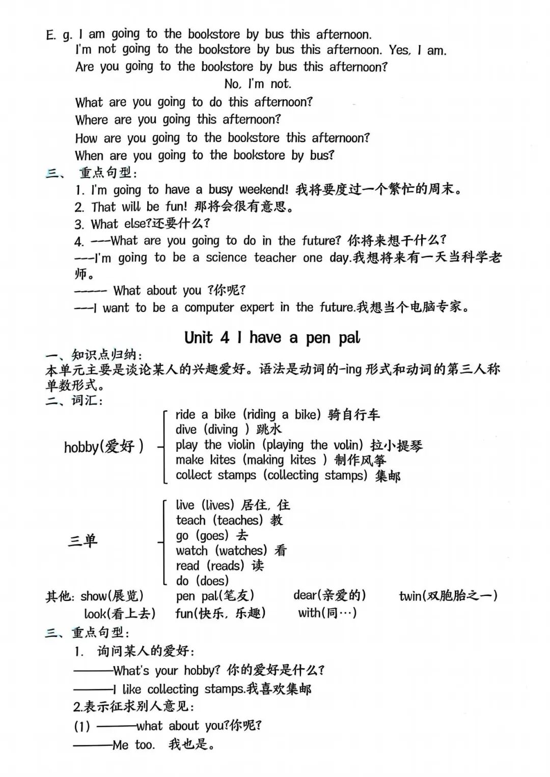 2025年六年级上册人教版英语《1-4单元必考知识点总结》（共5页），电子版可下载打印