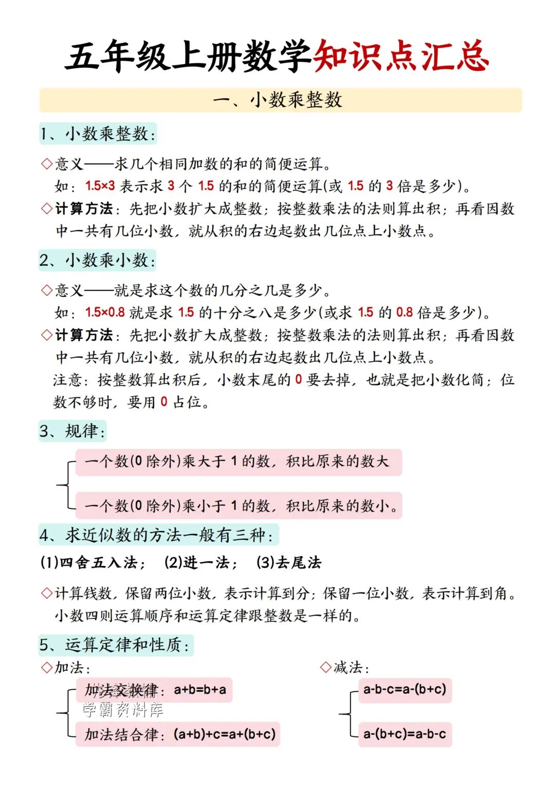 2025年五年级上册人教版数学《全册知识点汇总》（共7页），电子版可下载打印