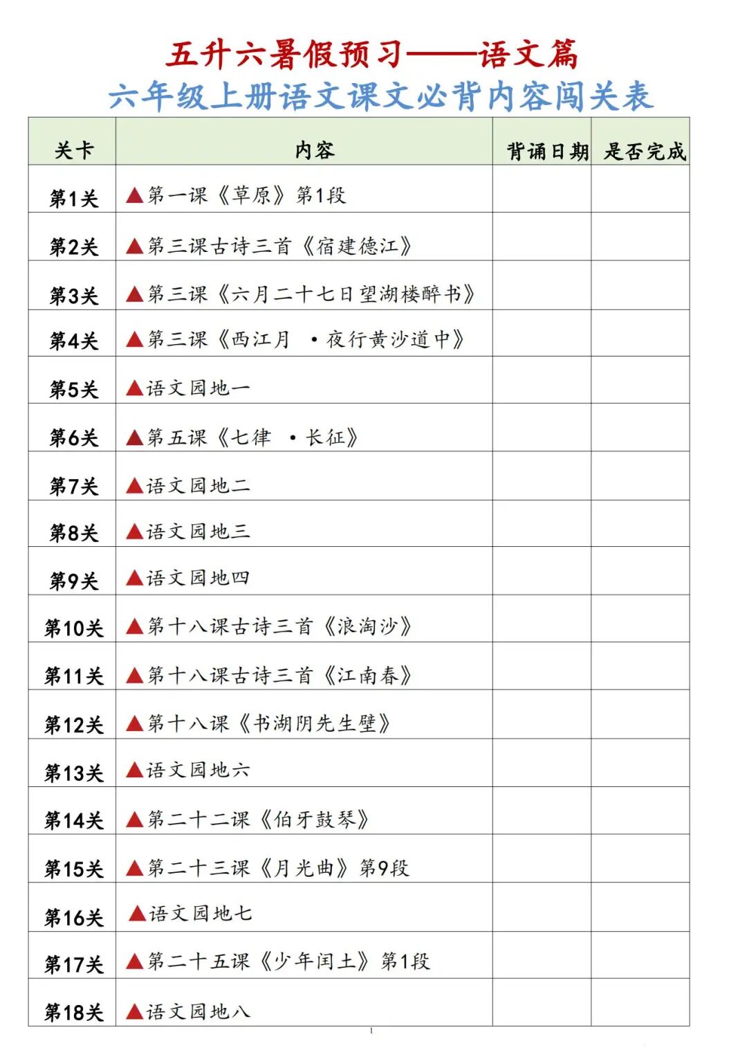 2025年五升六年级上册语文《暑假预习课文必背内容闯关表》（共7页），电子版可下载打印