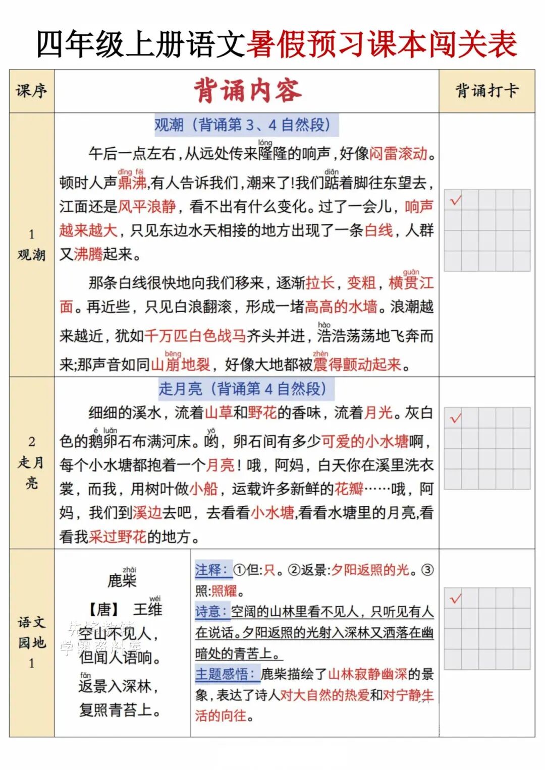 2025年三升四年级上册语文《暑假预习必背课文闯关表》（共7页），电子版可下载打印
