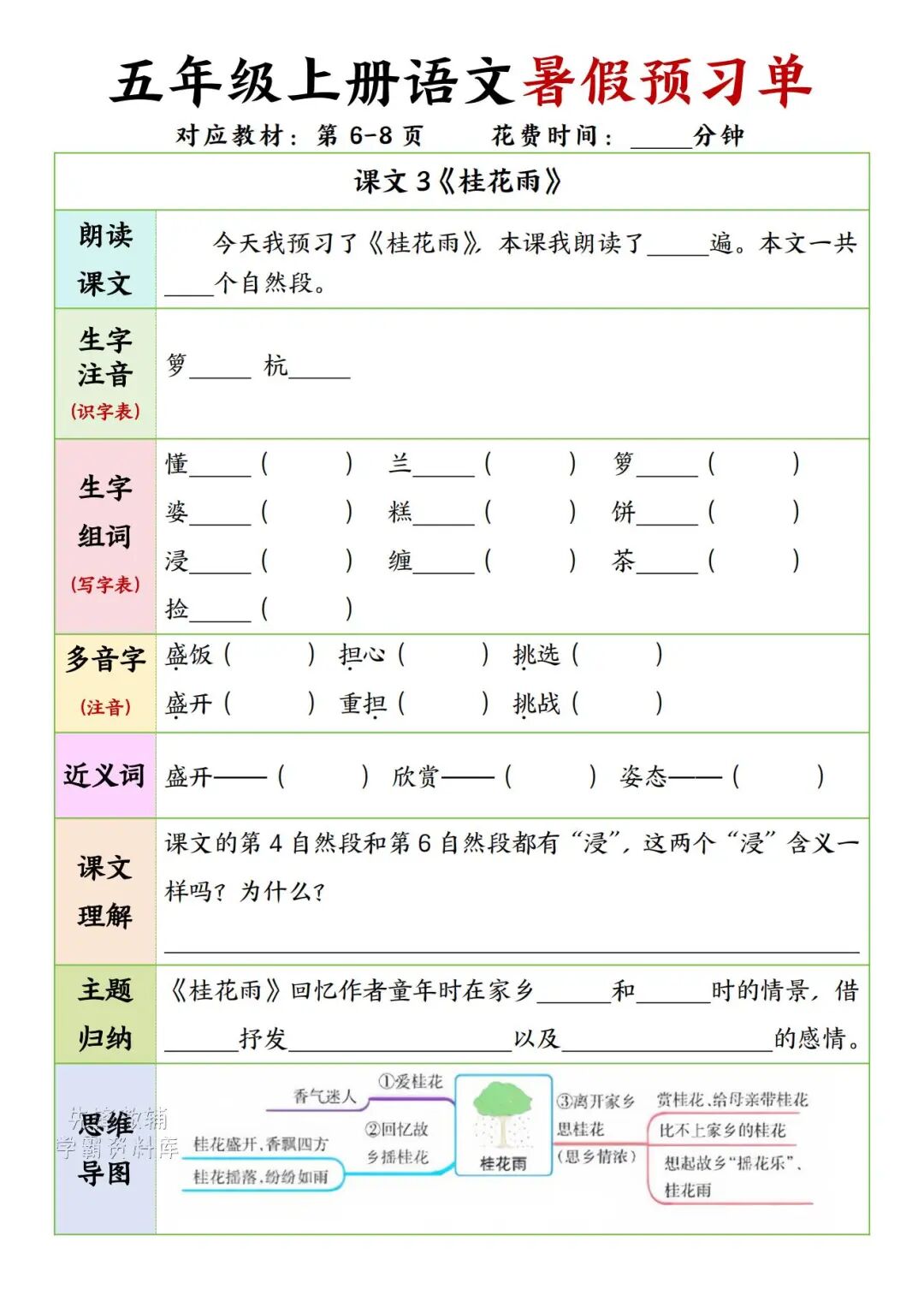 2025年五年级上册语文《课内知识同步预习单》（共45页），电子版可下载打印