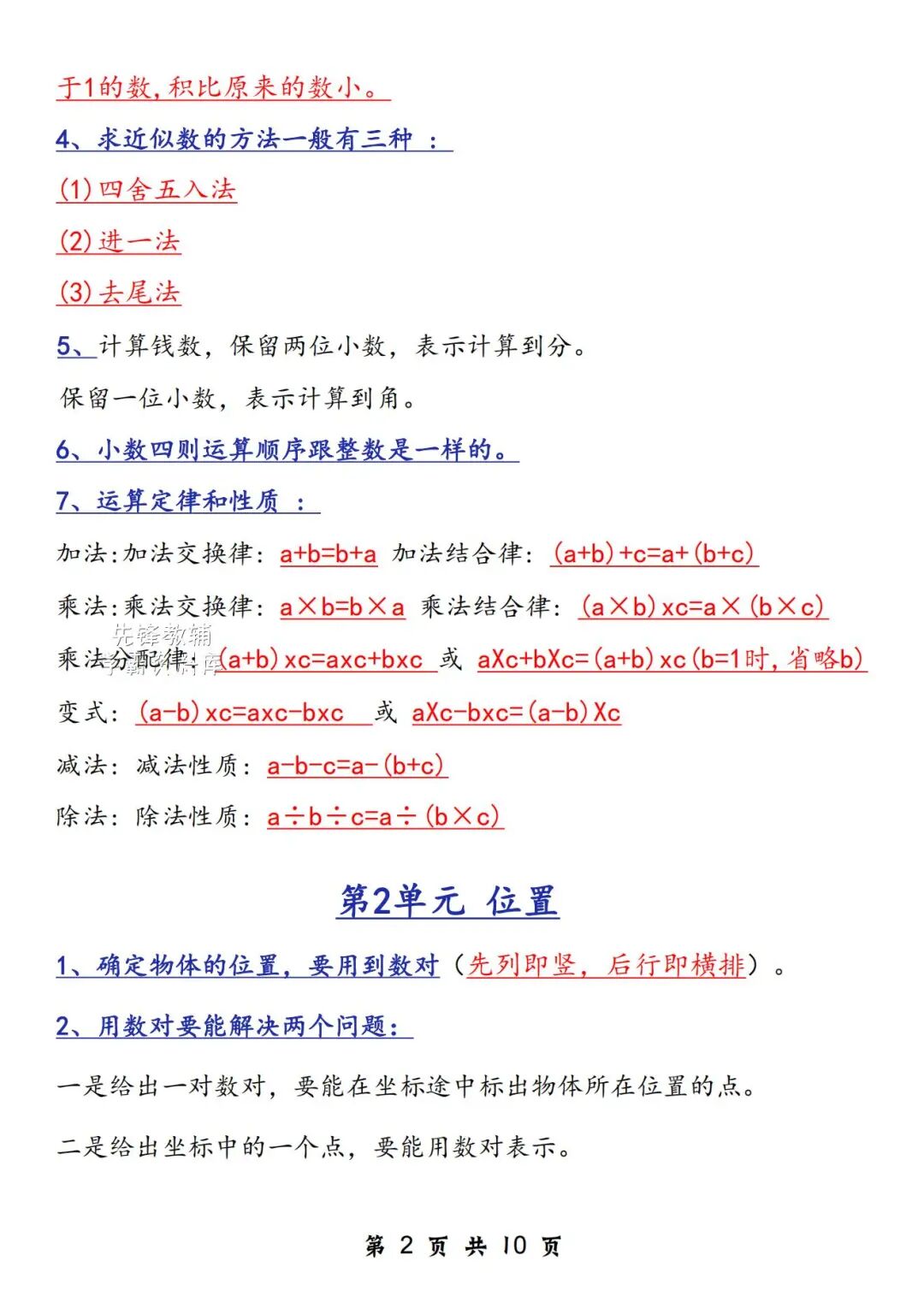 2025年五年级上册数学暑假预习《全册必背知识点》（共10页），电子版可下载打印