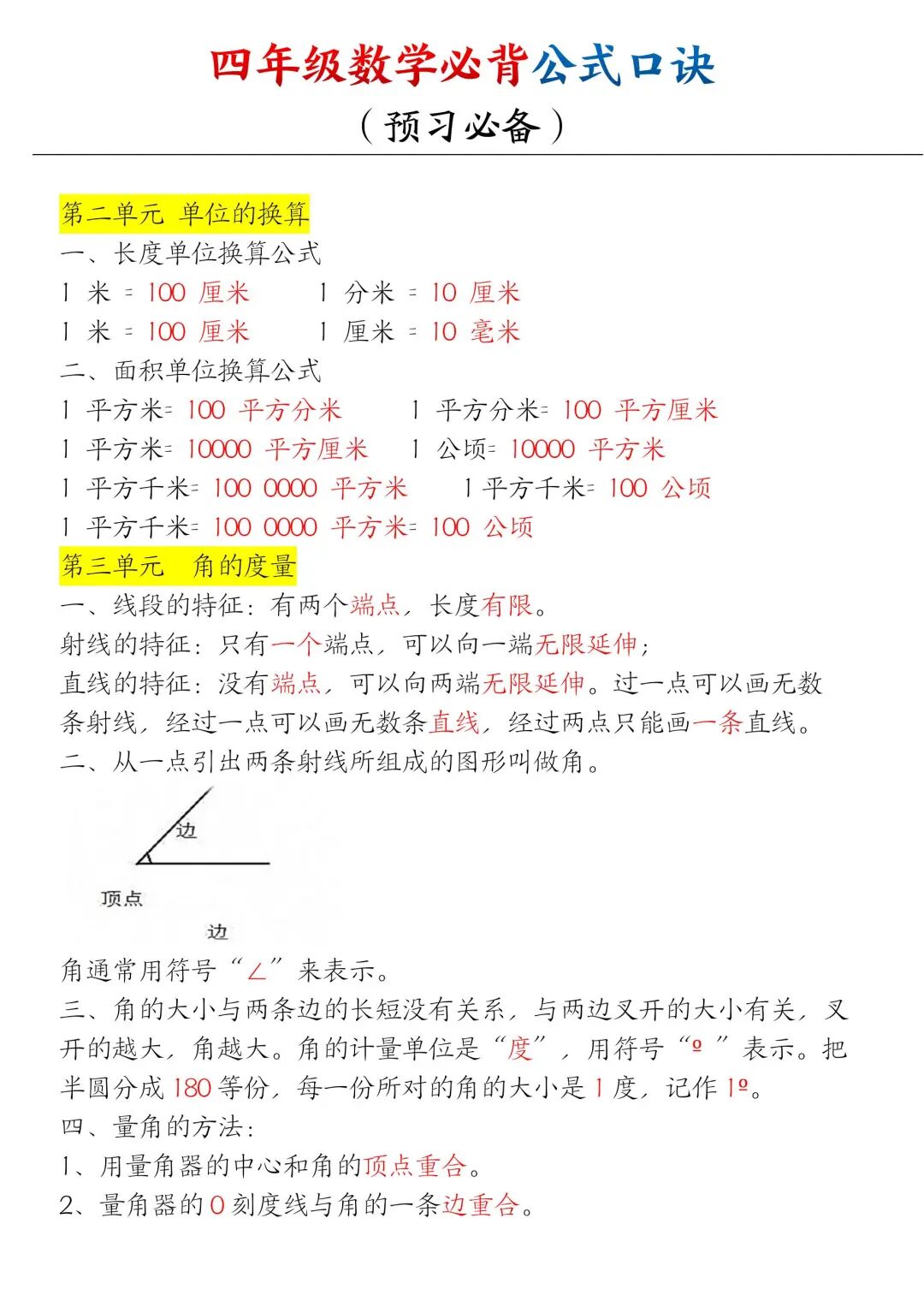 2025年四年级上册数学暑假预习《必背口诀公式归总》（共9页），电子版可下载打印