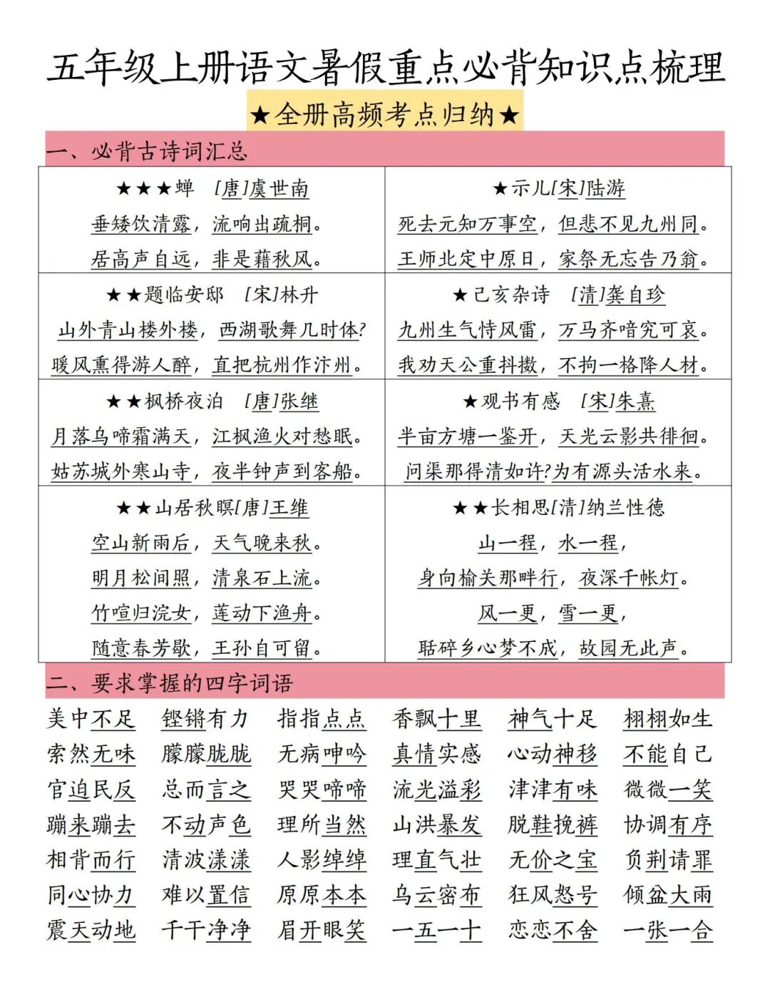 2025年五年级上册语文《暑假重点必背知识点梳理》（共34页），电子版可下载打印