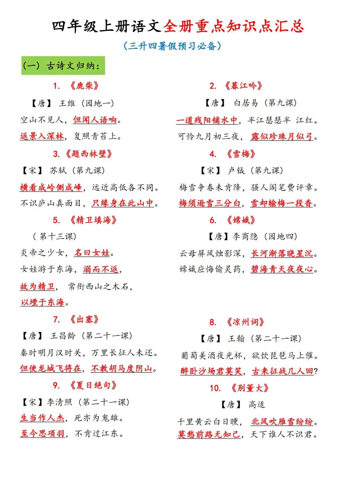 2025年四年级上册语文《全册重点知识点汇总》（共24页），电子版可下载打印
