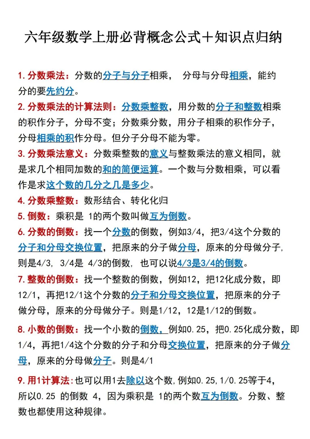 2025年六年级上册数学《必背公式+知识点归纳》（共9页），电子版可下载打印