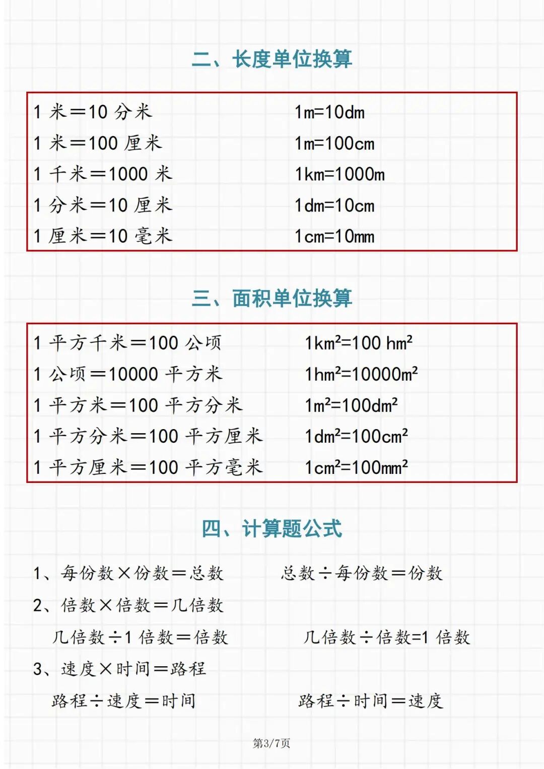 2025年四年级上册数学《必背公式汇总》（共7页），电子版可下载打印