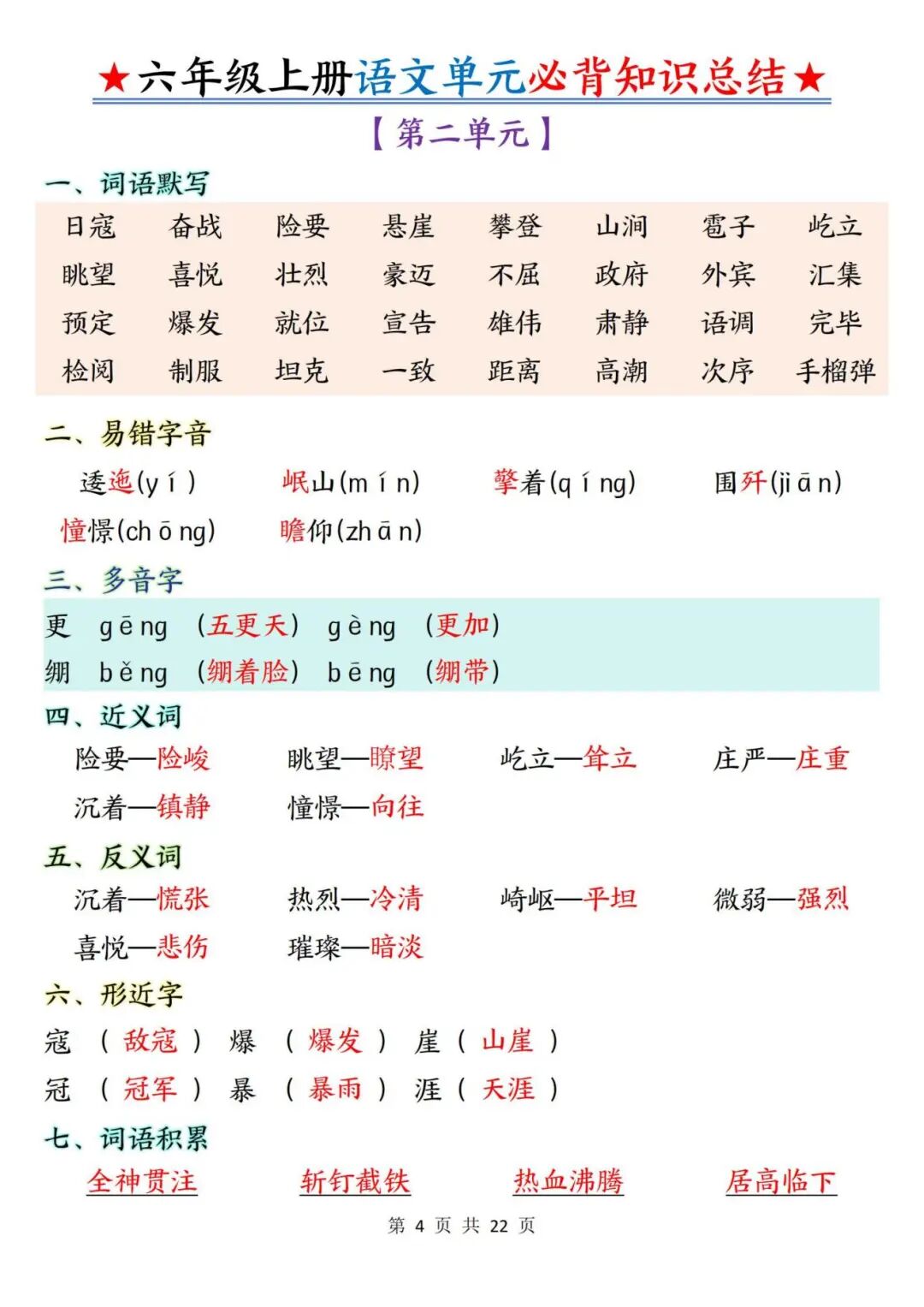 2025年六年级上册语文《1-8单元必背知识总结》（共22页），电子版可下载打印