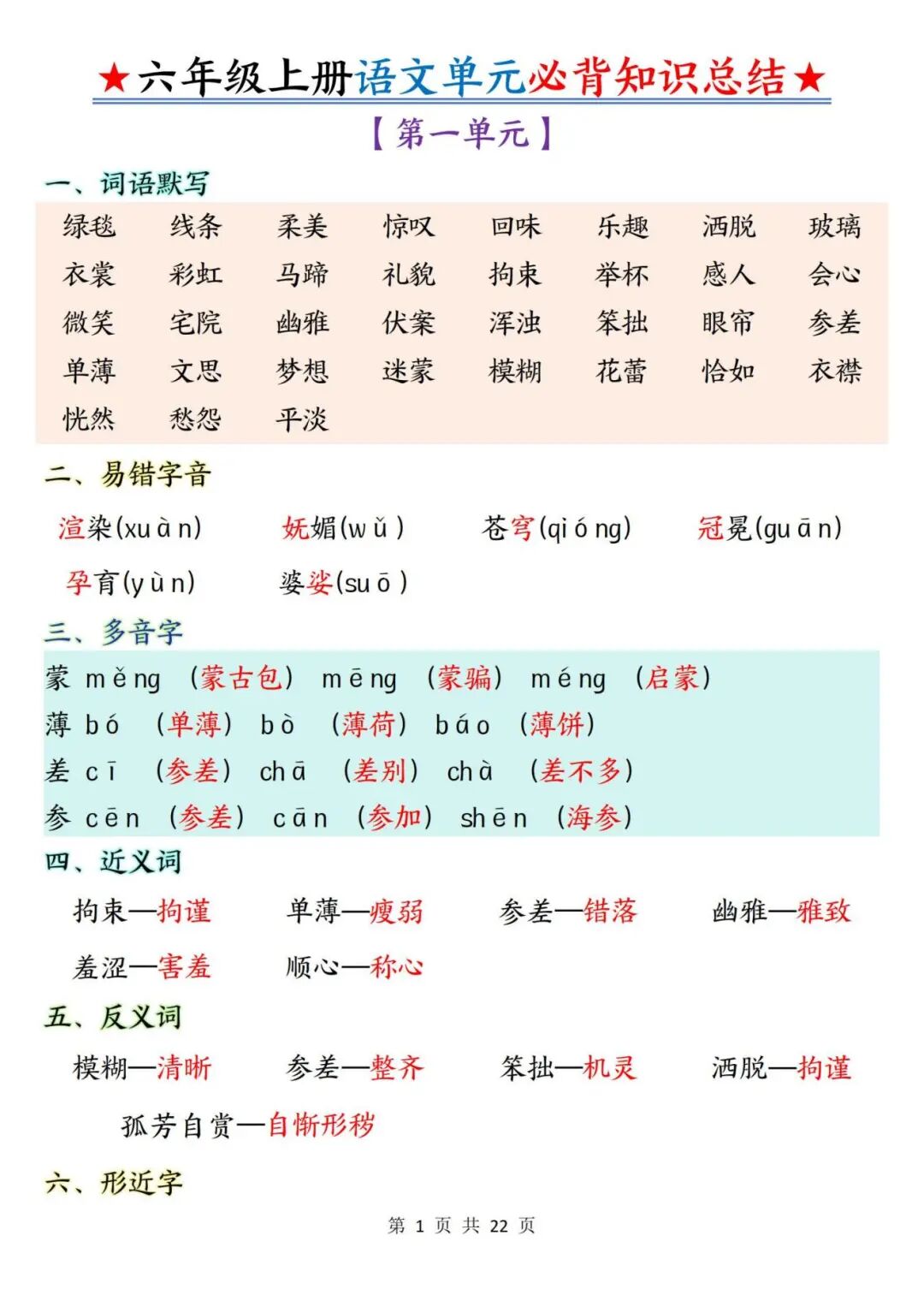 2025年六年级上册语文《1-8单元必背知识总结》（共22页），电子版可下载打印