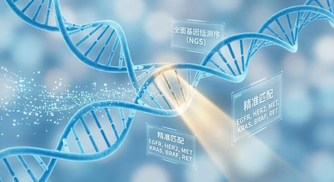 一张展示全面基因组测序（NGS）与精准医疗关系的抽象医学插画。画面中心是发光的蓝色DNA双螺旋，其中一段被金色光芒高亮放大，周围环绕着代表数据分析的全息面板，上面标注着‘全面基因组测序’、‘精准匹配’以及文中提到的EGFR、HER2、MET、KRAS等靶点名称，寓意通过精准检测为ADC药物治疗提供科学依据。
