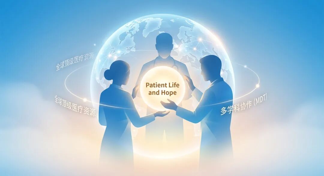 插画展示了一个发光的抽象地球仪，象征盛诺一家链接的全球医疗网络。几位代表不同学科专家的抽象剪影正共同守护着中心代表生命与希望的暖色光芒。画面中融入了‘全球顶级医疗资源’与‘多学科协作 (MDT)’的字样，整体色调采用专业的品牌蓝，并伴有黎明般的金色光晕，传递出专业、温暖与国际化的力量。