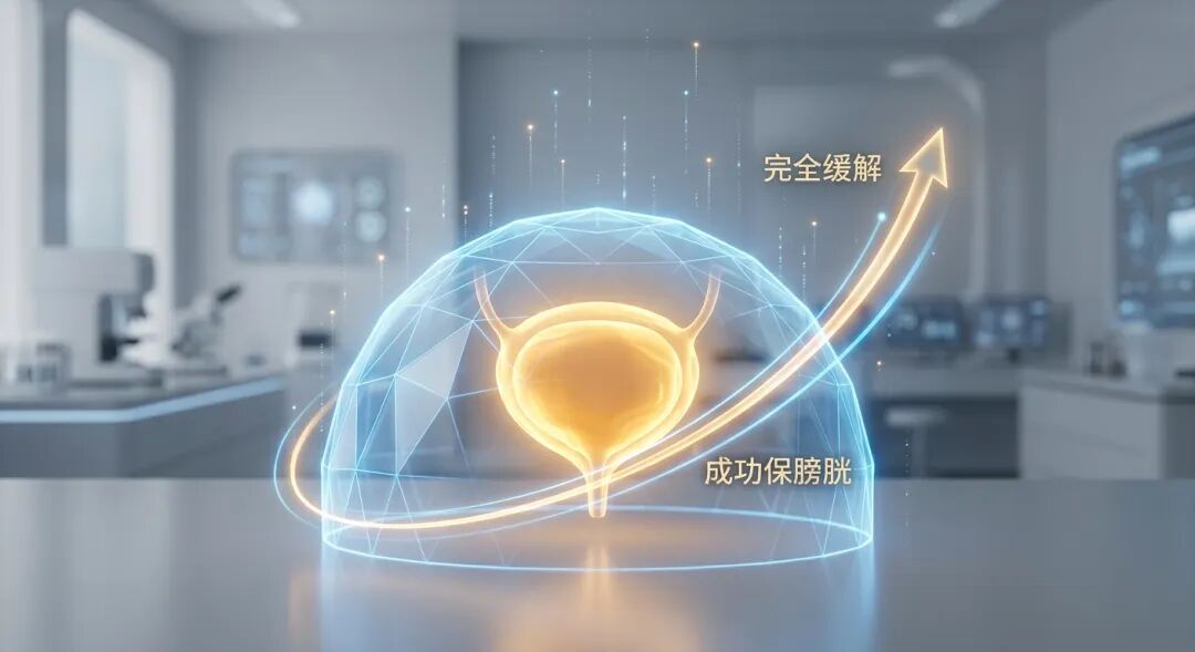 一张充满科技感与希望的医学插画。画面中心是一个由盛诺一家品牌蓝（#1996DF）构成的半透明科技穹顶，象征着医疗技术的坚固保护。穹顶内部散发出温暖、健康的金色光芒，寓意患者的器官得到完美保全并重获新生。背景点缀着向上升腾的科技粒子，画面配有中文标签‘完全缓解’和‘成功保膀胱’，传递出科学数据带来的胜利感与专业守护。