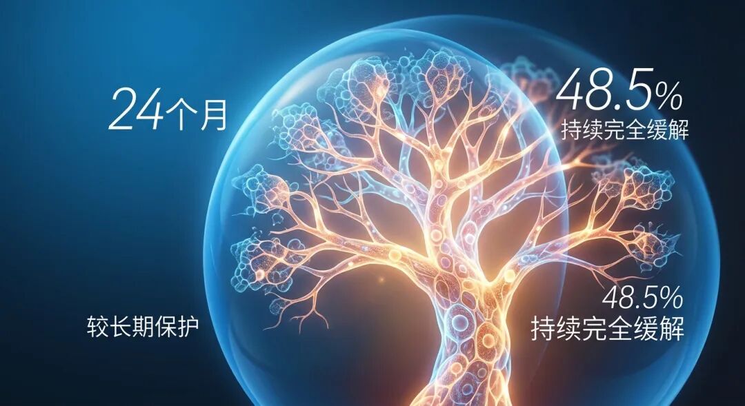 画面中心是一棵由发光细胞网络构成的“生命之树”，象征着生命的生机与康复。它被包裹在一个品牌蓝色（#1996DF）的半透明保护罩内，寓意长效的守护。画面光影柔和温暖，优雅地标注着原文数据“24个月”和“48.5% 持续完全缓解”，向家属传递长期生存的真实希望。