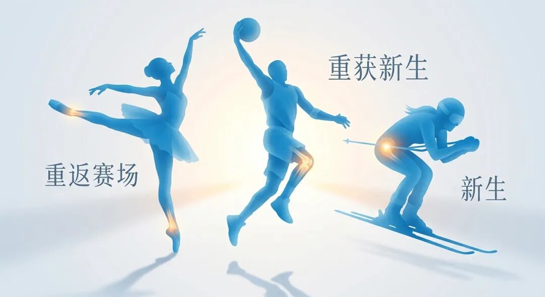 一幅充满希望感的医学插画：画面中心是芭蕾舞者、篮球运动员和滑雪者的抽象蓝色半透明剪影。他们的跟腱、膝关节和髋关节处散发着治愈的金色微光，象征着文中提到的HSS卓越的骨科康复成效。身影正向着画面深处的暖光跃动，寓意‘重返赛场’与‘重获新生’。整体风格专业、温暖且具国际化质感。