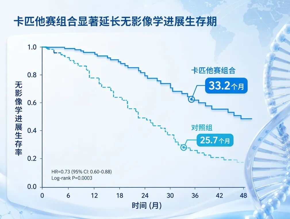 一张专业的医学对比曲线图，展示了卡匹他赛组合疗法与对照组在无影像学进展生存期（rPFS）上的差异。图中上方深蓝色曲线代表卡匹他赛组合，中位值为33.2个月；下方浅蓝色曲线代表对照组，中位值为25.7个月。横轴标注为‘时间（月）’，纵轴标注为‘无影像学进展生存率’。画面风格温暖专业，充满国际化医疗的希望感。
