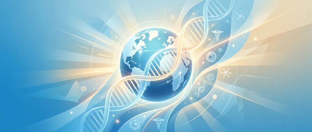 抽象医学插画：发光的地球与DNA链，象征全球前沿医疗与希望