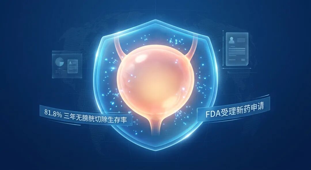 一张充满科技感与希望的医学插画。画面中心是一个发光的抽象器官意象，被盛诺一家品牌蓝（#1996DF）的科技护盾温柔包裹，寓意Anktiva联合BCG新药方案对膀胱的保护。背景融入全球化网格与医学元素，并清晰标注‘81.8% 三年无膀胱切除生存率’与‘FDA受理新药申请’，为重症患者传递权威、国际前沿的治疗希望。