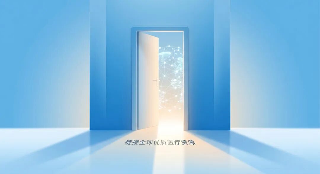 一扇微微开启的抽象之门，门外是代表全球医疗资源的璀璨星网与地球轮廓，温暖的光芒从门缝洒向前方，画面配有‘链接全球优质医疗资源’字样，寓意为患者开启通往国际前沿医疗的新希望。