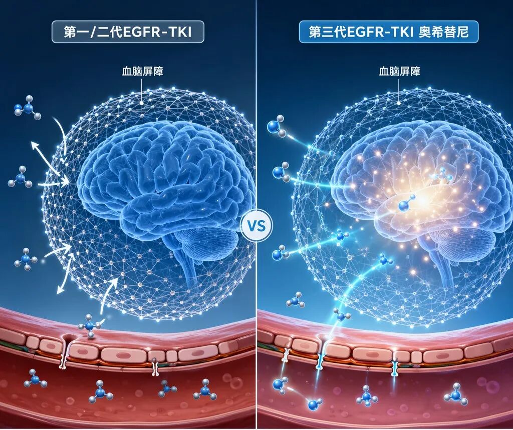 医学插画展示血脑屏障对比：左侧显示第一/二代EGFR-TKI分子被血脑屏障阻挡，右侧显示第三代EGFR-TKI（奥希替尼）分子顺利穿透屏障进入大脑，画面采用盛诺一家品牌蓝调，专业且充满希望。