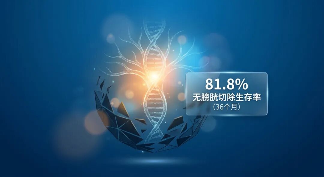 画面中心是一棵由DNA双螺旋构成的发光生命之树，正冲破暗色的几何束缚，散发出温暖的金色与蓝色光芒。图中配有简洁的标签文字“81.8% 无膀胱切除生存率 (36个月)”，寓意新疗法为患者带来保留膀胱、重获生机的希望。