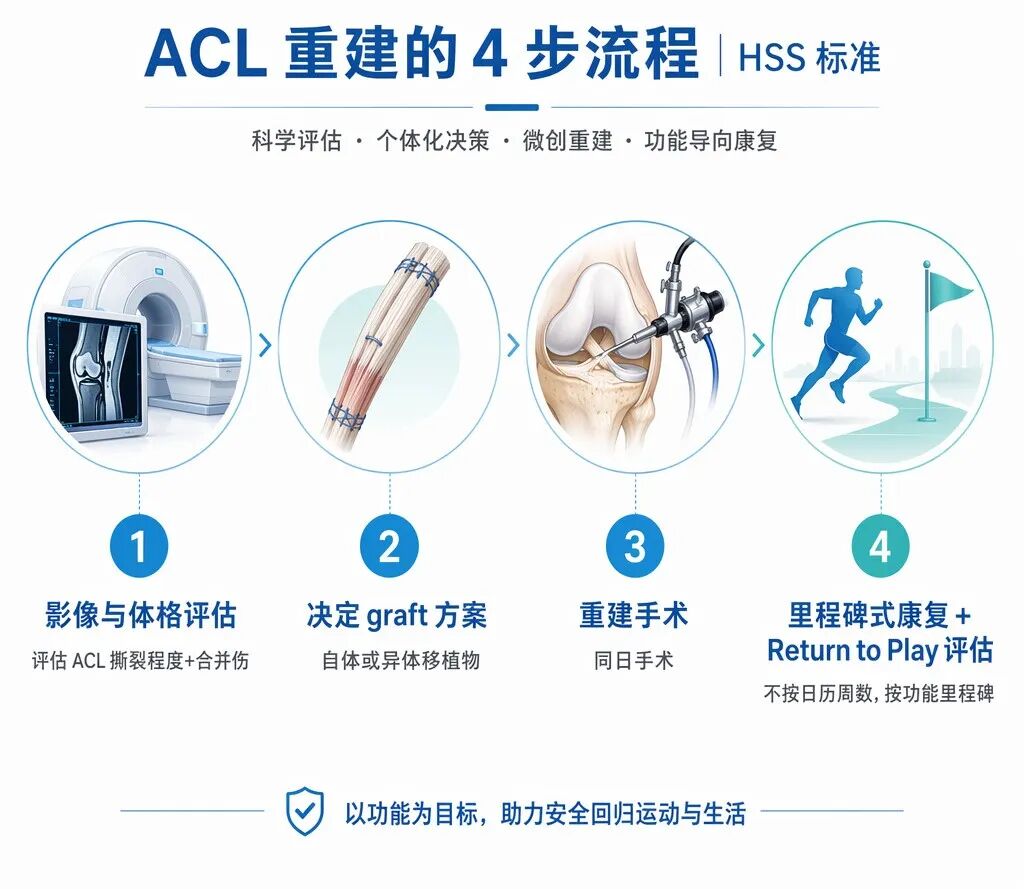 HSS前交叉韧带（ACL）重建标准流程图，展示了从影像评估、移植物方案选择、同日重建手术到基于里程碑的康复评估四个专业阶段，采用盛诺一家品牌蓝调的扁平化医学插画风格。