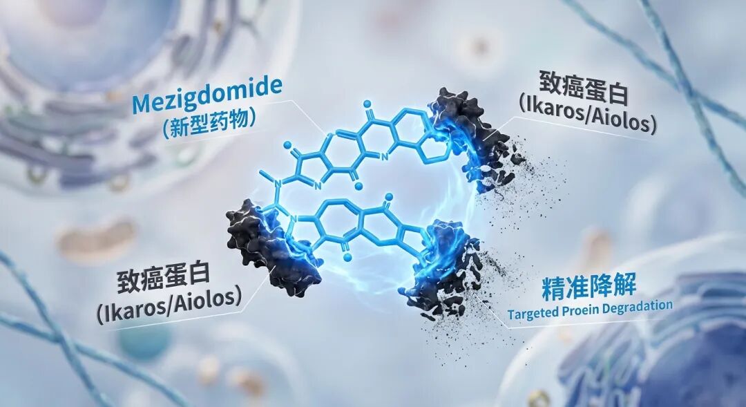 一张具有艺术感的微观医学插画，展示了新型药物Mezigdomide（蓝色发光能量）正在精准地包裹并降解暗色的致癌蛋白（Ikaros和Aiolos），致癌蛋白正在像垃圾一样被拆解、消散，体现了‘靶向蛋白降解’的创新机制，画面充满科技感与希望。