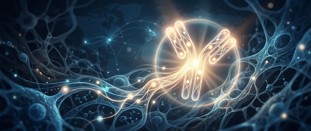 抽象医学插画：发光的抗体分子照亮细胞环境，传递希望与专业感