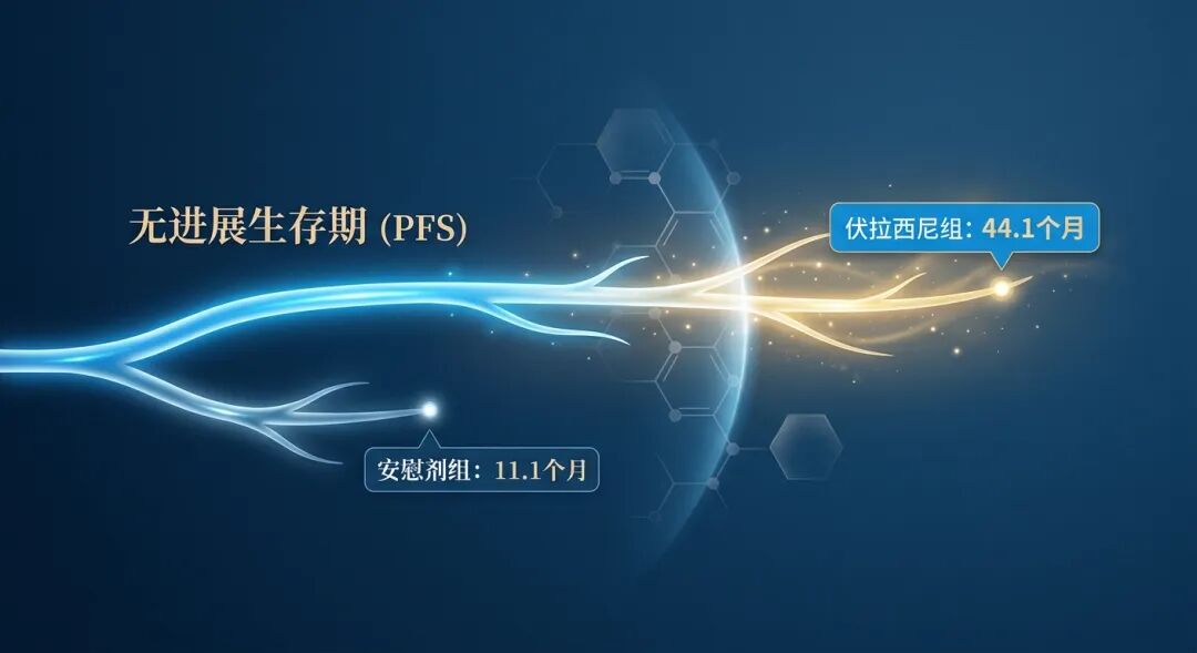 一张医学数据可视化插画，对比了INDIGO研究中伏拉西尼组（44.1个月）与安慰剂组（11.1个月）的中位无进展生存期（PFS）。画面通过两条延伸的生命光带，生动展示了靶向药将疾病进展时间推迟了近三年的震撼效果，蓝色调专业稳重，金色点缀寓意希望。
