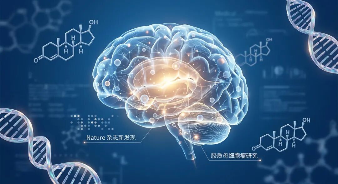 一张充满科技感与希望的医学插画。画面中心是一个由品牌蓝色神经网络构成的抽象大脑，周围环绕着睾酮分子结构和DNA双螺旋，柔和的金色光芒从大脑中心散发，象征《自然》杂志关于胶质母细胞瘤的重大科研突破。色调专业且温暖，传递出前沿医学带来的治愈希望。