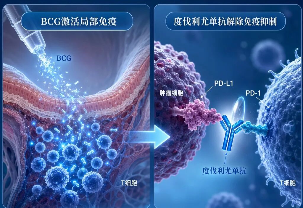 BCG联合度伐利尤单抗治疗膀胱癌的作用机制图：左侧展示BCG灌注激活膀胱局部免疫，吸引T细胞聚集；右侧展示度伐利尤单抗（Y形抗体）阻断肿瘤细胞PD-L1与T细胞PD-1的结合，解除免疫抑制；两者协同增强抗肿瘤效果。