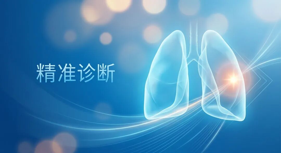 一张充满科技感与希望的抽象医学插画。画面主体是半透明的蓝色肺部轮廓，使用了盛诺一家品牌蓝（#1996DF）。在肺部的外周区域，一个柔和发光的焦点象征着被精准锁定的肺部结节，周围环绕着象征1.1mm超细探头精准抵达的抽象光线。整体风格专业且温暖，传达出国际前沿医疗技术带来的诊断新希望。