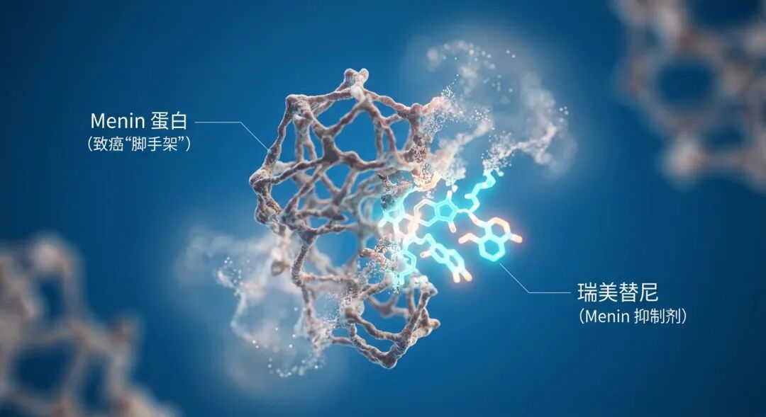 瑞美替尼作用机制示意图：展示了药物分子（瑞美替尼）如何精准结合并瓦解作为致癌“脚手架”的 Menin 蛋白，使其结构消散，从而阻断白血病细胞的增殖信号。