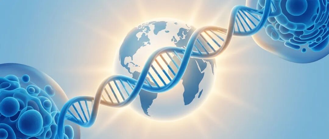 抽象医学插画，融合DNA与地球元素，传递希望与国际化医疗的意象