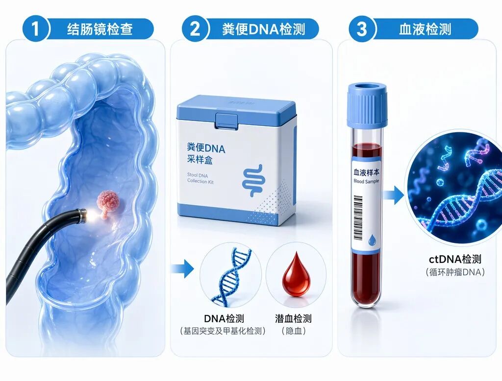 结直肠癌三种主流筛查方式对比示意图：左侧为结肠镜检查（内窥镜观察肠道息肉），中间为粪便DNA检测（分析样本中的DNA和潜血），右侧为血液检测（分析血液中的ctDNA碎片）。画面采用盛诺一家品牌蓝色调，风格专业、温暖且富有国际感。