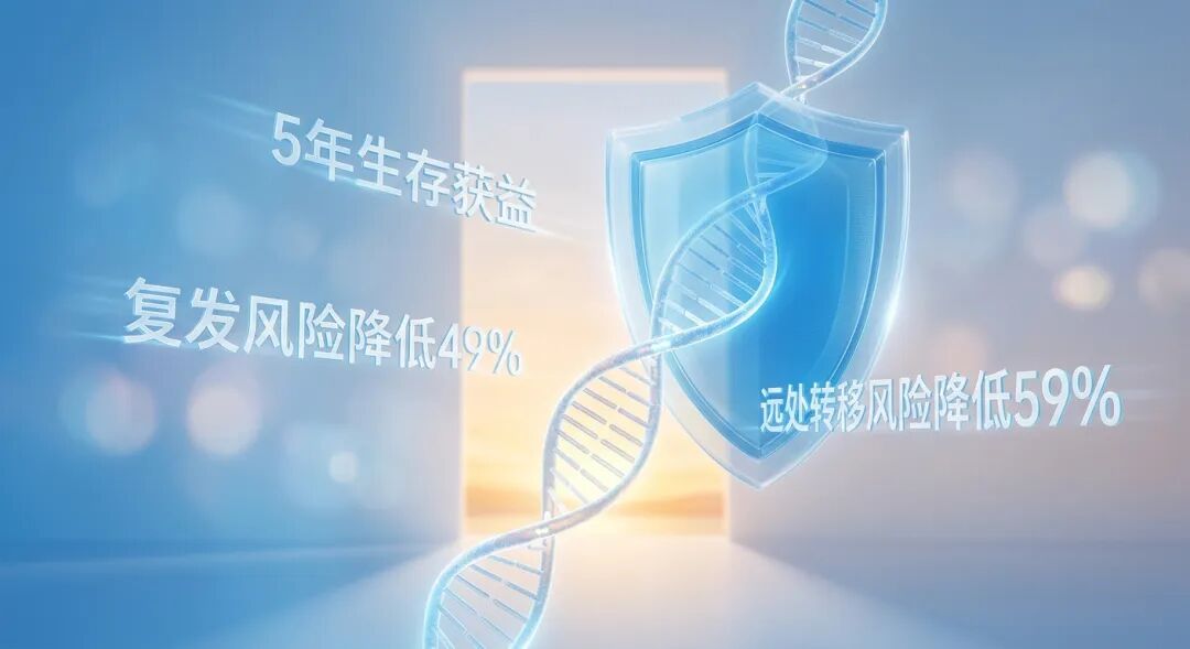 画面中心是一条发光的、充满科技感的mRNA链条，它正穿过一面由盛诺一家品牌蓝（#1996DF）构成的半透明保护盾牌，奔向远方象征希望的金色晨曦之门。画面中优雅地漂浮着“5年生存获益”、“复发风险降低49%”和“远处转移风险降低59%”的医学数据字样。整体视觉语言高级且专业，传达出国际前沿mRNA疫苗技术为黑色素瘤重症患者带来的生命曙光。
