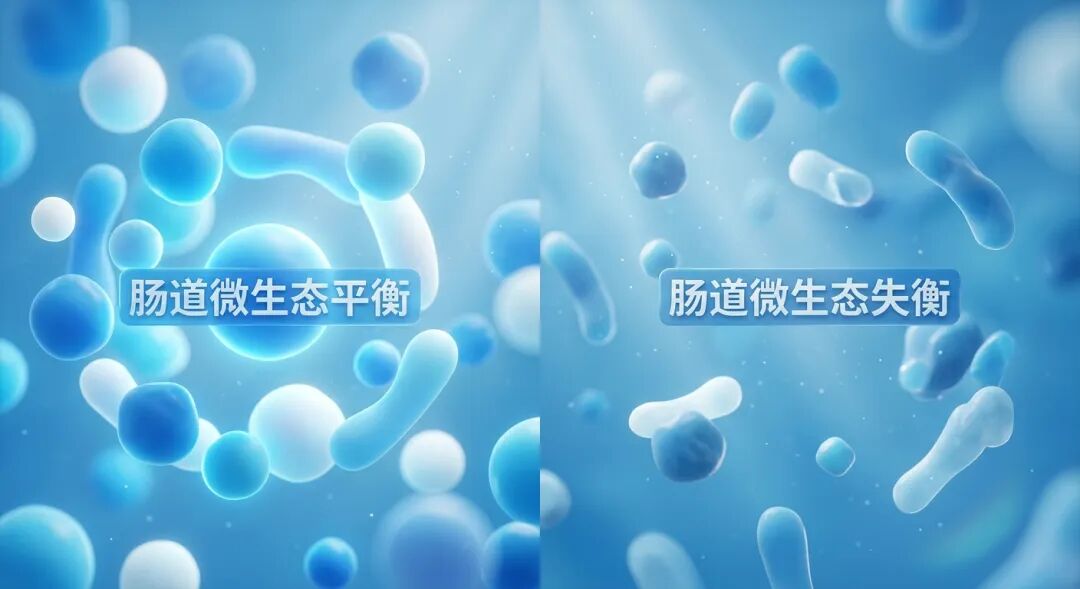 一张展现肠道微生态平衡与失衡对比的医学插画。画面采用盛诺一家品牌蓝调，呈现出通透、唯美的微观世界。左侧展示了和谐、多样的菌群平衡状态，右侧展示了失衡状态，并配有中文标签‘肠道微生态平衡’与‘肠道微生态失衡’。