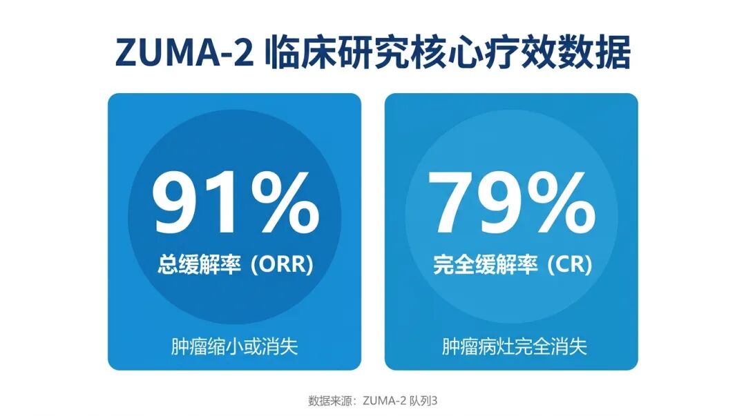 ZUMA-2研究核心疗效数据图：91%总缓解率和79%完全缓解率