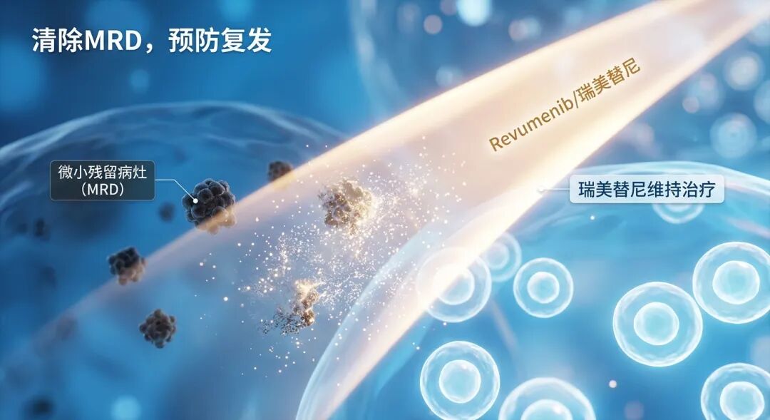 瑞美替尼维持治疗清除微小残留病灶（MRD）的医学意象图。画面展示了一束代表药物治疗的温暖净化之光扫过蓝色微观环境，将隐匿的暗色微小病灶（MRD）消融化解，留下纯净健康的细胞空间，寓意通过深度净化预防白血病复发。