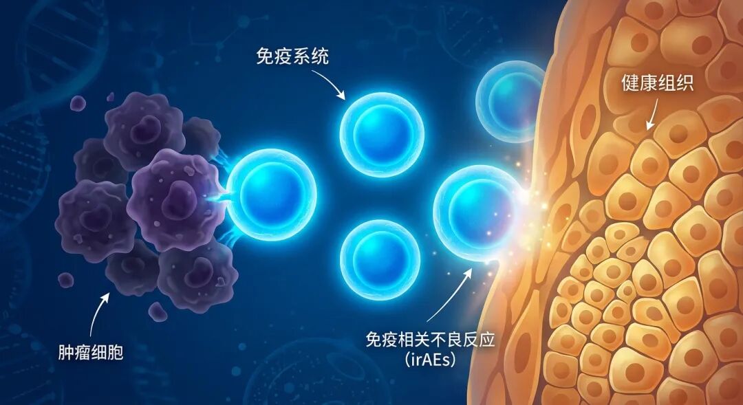 抽象医学插画：展示免疫系统在攻击肿瘤细胞（蓝色光芒）的同时，因能量溢出对周围健康组织（温暖橙色）产生影响，寓意免疫相关不良反应（irAEs）的平衡与冲突。