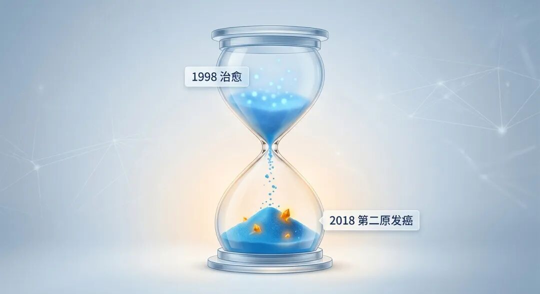 一张抽象医学插画：一个精致的沙漏寓意“时间的潜伏”。沙漏上半部充满柔和的品牌蓝光点，标注“1998 治愈”；经过20年的时间流动，沙漏下半部积聚的蓝色沙粒中，隐约浮现出琥珀色的异色光点，标注“2018 第二原发癌”。画面简洁高级，传递出医学与命运交织的复杂感。