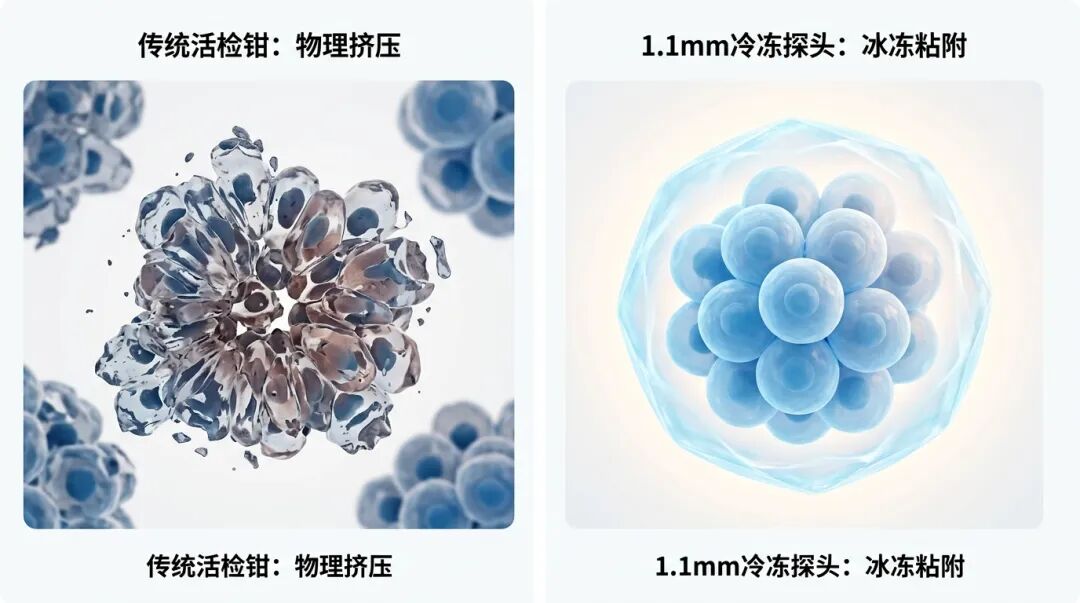 一张对比医学插画：左侧展示了传统活检钳因物理挤压导致的细胞变形和破碎（挤压伪影）；右侧展示了1.1mm超细冷冻探头通过冰冻粘附技术，像保护罩一样完整地获取高质量细胞簇，画面充满科技感与安全感。