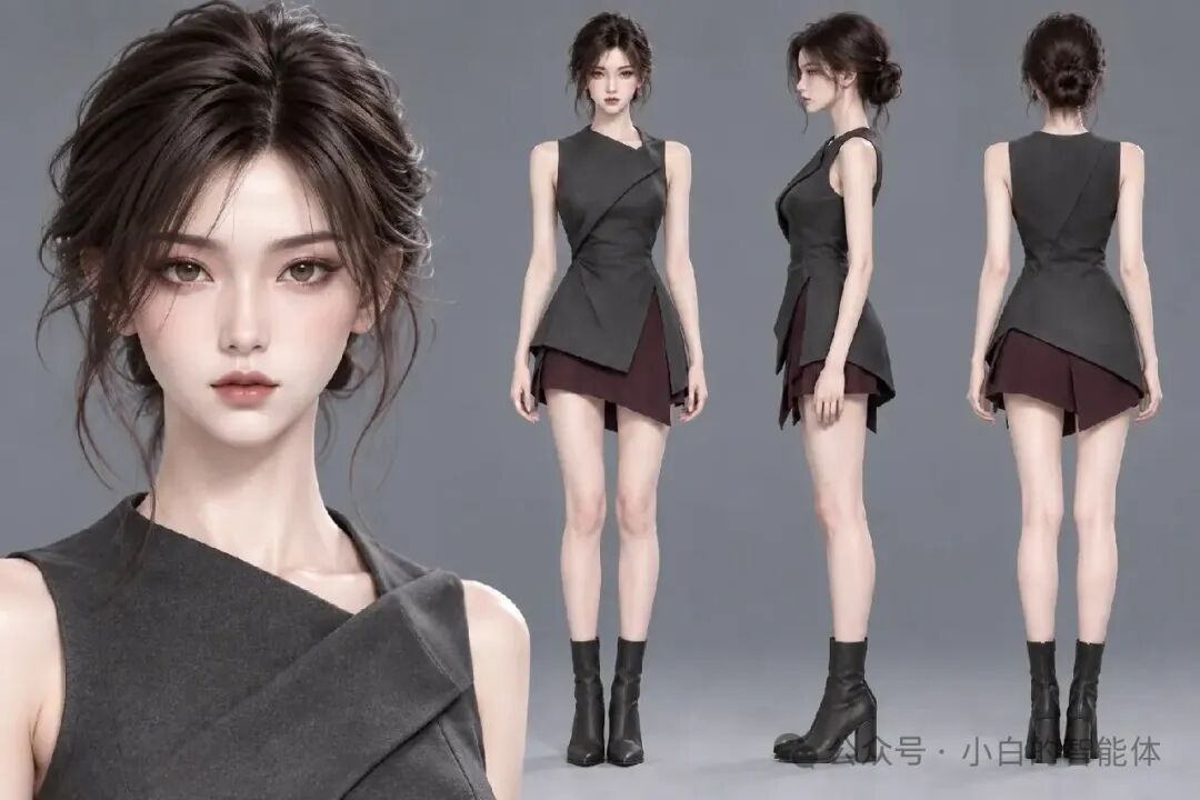 灰色无袖上衣少女·多角度三视图（3D渲染冷色调） 效果图样例