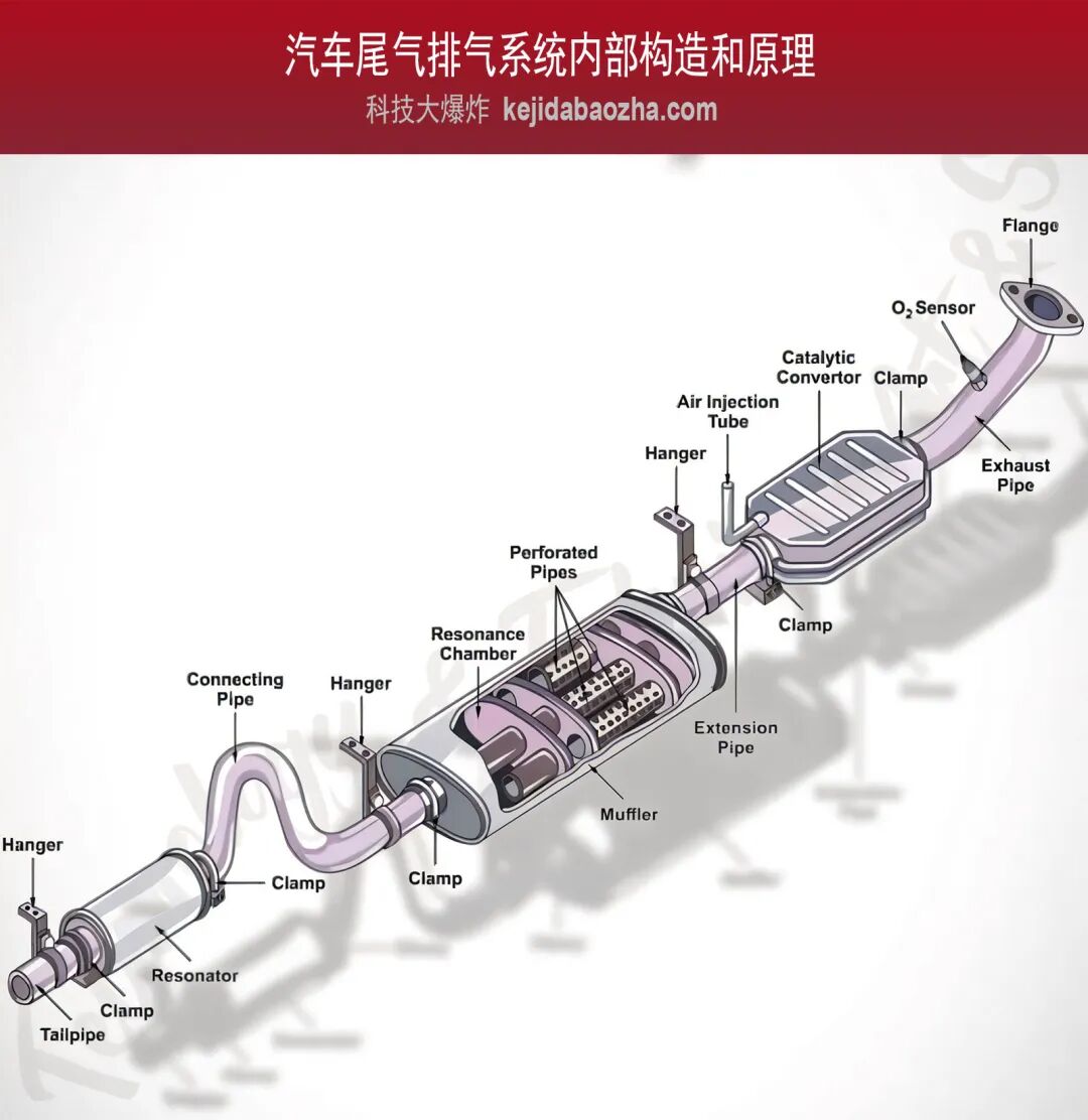 汽车尾气排气系统内部构造和原理，尾气排放零部件中英文名称对照